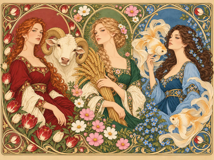 Art Nouveau illustration of three zodiac-inspired women with a ram, wheat, goldfish, and floral borders.