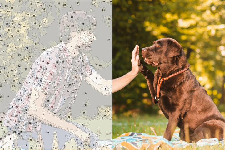 sunlit art table with colorful paint-by-number canvas, brushes, and vibrant paints