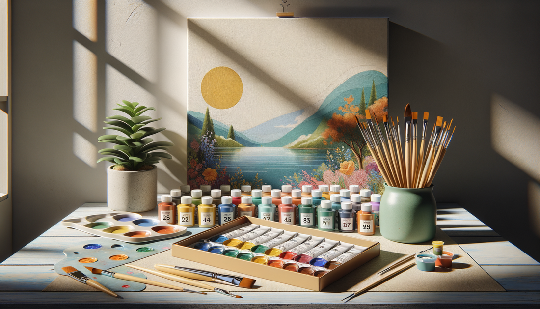 paint-by-number kit with vibrant paints and brushes on textured canvas