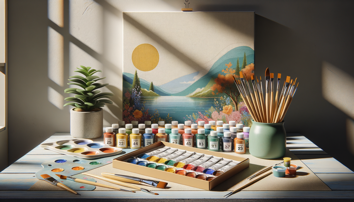 paint-by-number kit with vibrant paints and brushes on textured canvas
