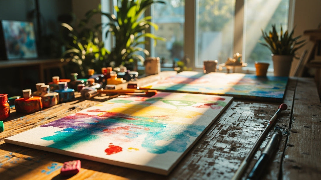 colorful paint-by-number canvas and paints on a sunlit wooden table