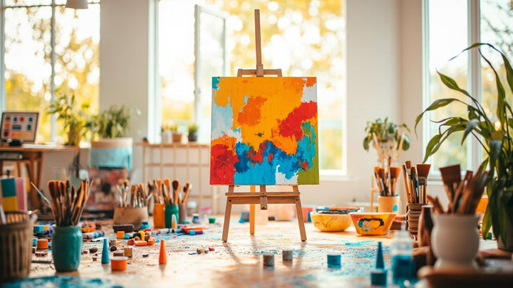 colorful paint-by-number canvas in progress with brushes and paints in natural light