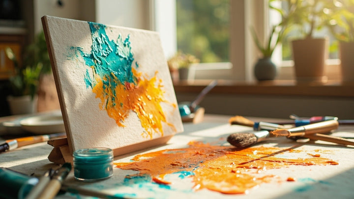 paint-by-number canvas with vibrant paints and brushes on a sunlit table