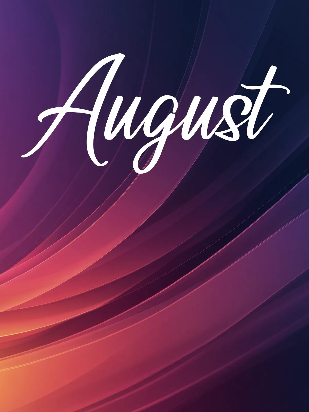 The word 'August' in white script over a flowing abstract background with purple, pink, and orange gradients.