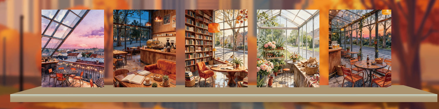 A panoramic multi-panel wall art print depicting cozy indoor cafe and bookstore scenes with warm sunset lighting, displayed on a shelf against a blurred orange-toned background.
