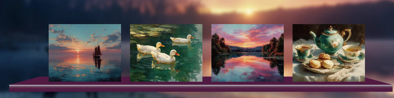 Four paintings: sailboat at sea, ducks in pond, sunset over lake, tea set with scones.