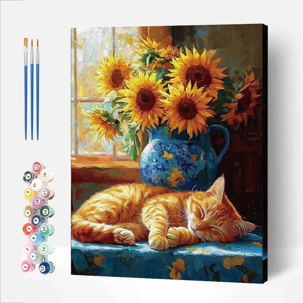 Cat and sunflowers