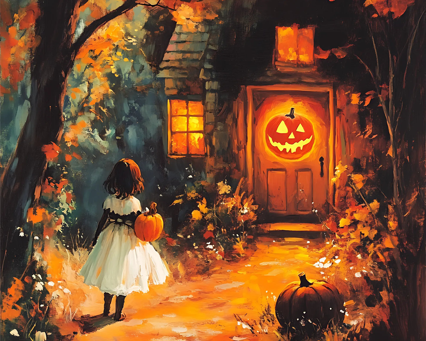 Little girl and pumpkin house