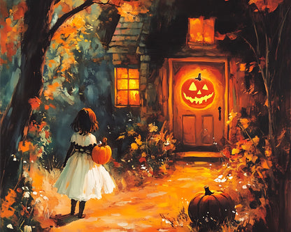 Little girl and pumpkin house