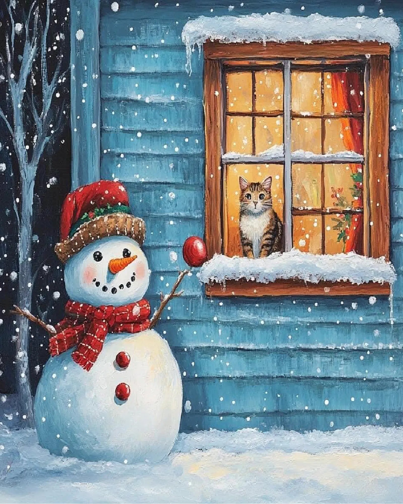 Christmas Snowman & Cat