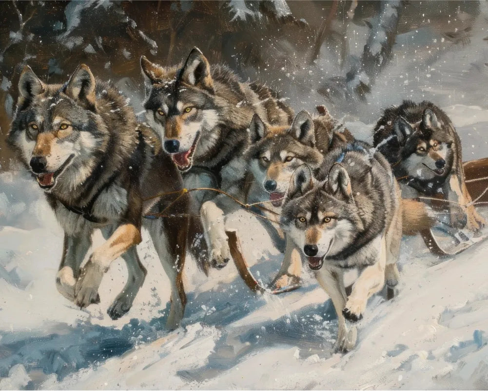 Wolf Pack Sledding Through Snowy Woods Paint by Numbers