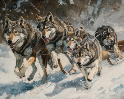 Wolf Pack Sledding Through Snowy Woods Paint by Numbers