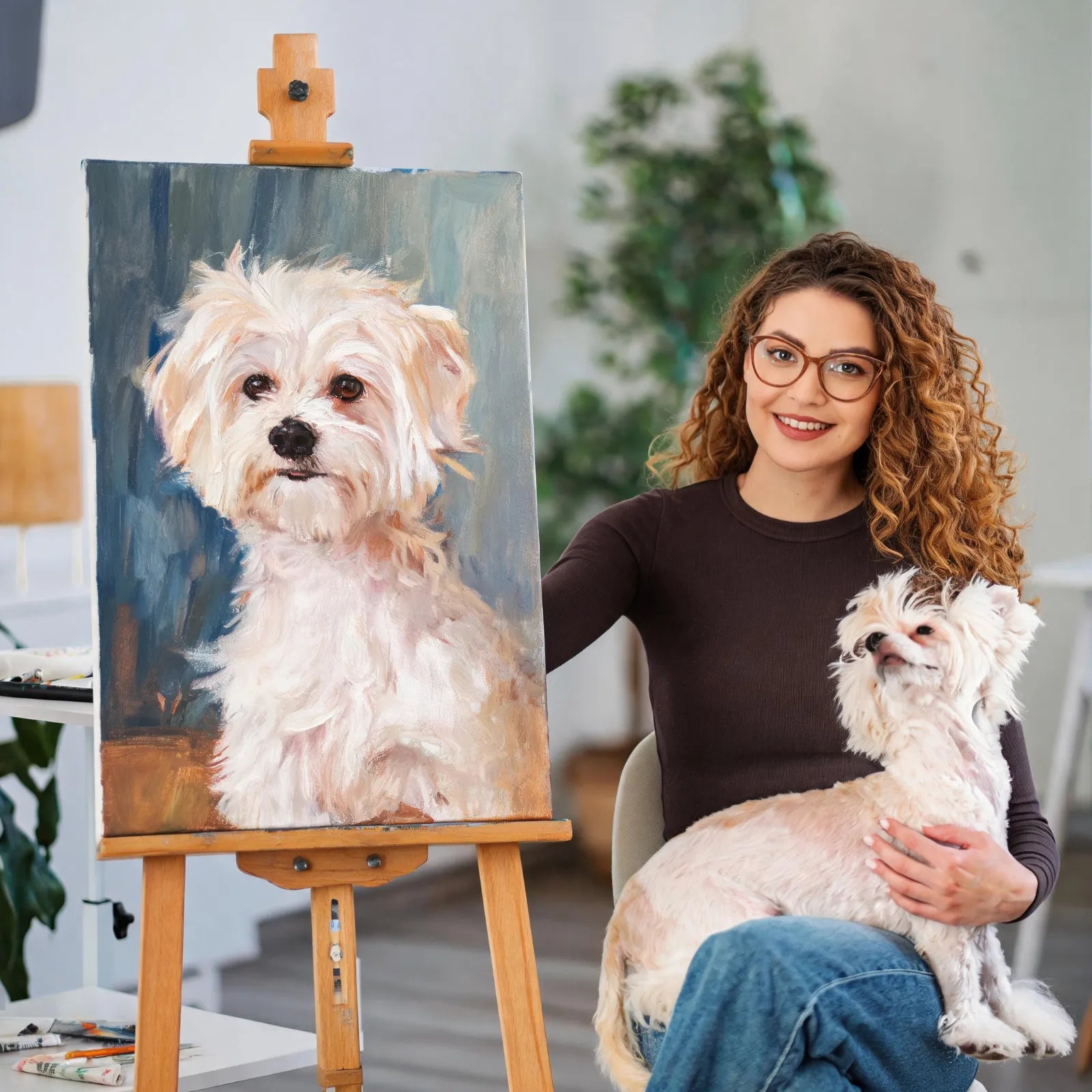 woman hugs a dog, and showcasing the dog portrait paint by numbers